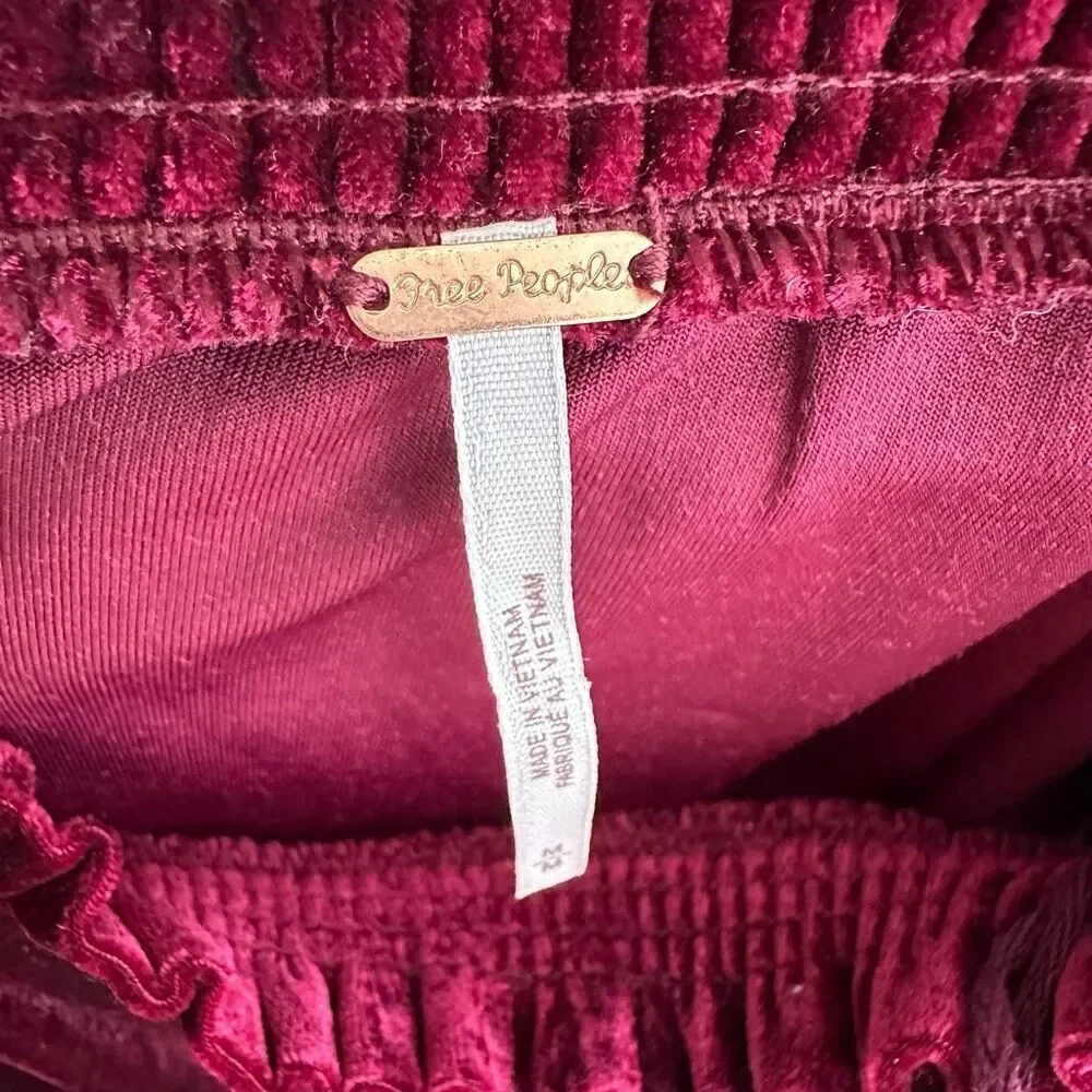 Free People Terese Garnet Red Velvet Short Puff Sleeve Top Boho Fall Size M